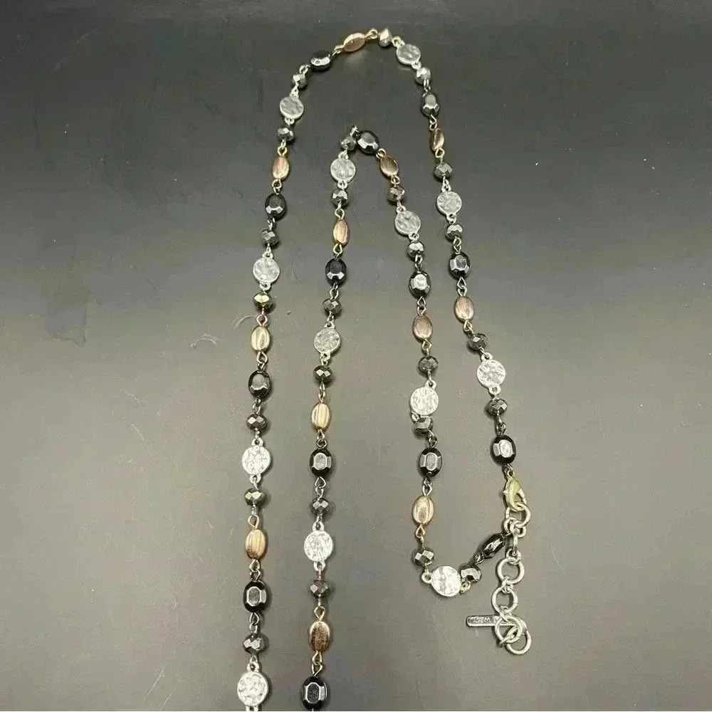 VGT Gold & Silver Black & Crystal Tones Beaded Necklace Silver-tone Bell Pendant - Picture 2 of 11
